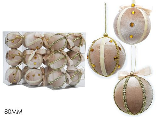 303166 BOLA NATAL VELUDO BEJE 8CM 3 SORTIDAS